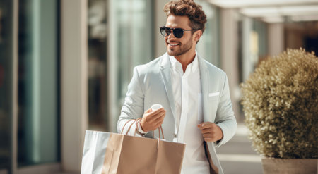 man in tan blazer and sunglasses holding shopping bag.の素材