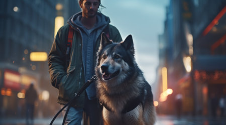 a man leads a walking dog on a city street.の素材