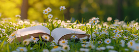 an open book in the field with daisies.の素材