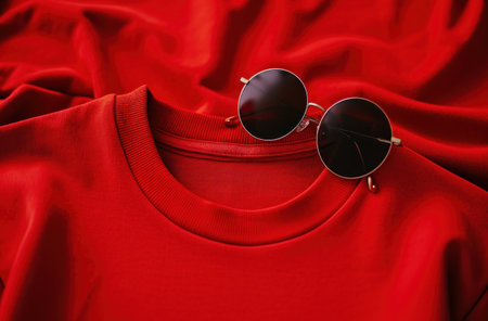 a dandy red sweatshirt and a pair of sunglasses.の素材