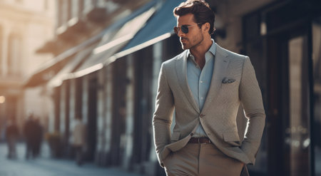 a blue suit and tan pants on the street.の素材