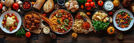 pasta, salad, bread, meat and more food.の素材