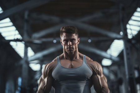 a muscular man in a gym posing.の素材