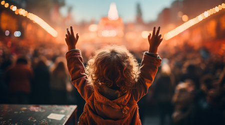a female at a music concert with her arms up.の素材