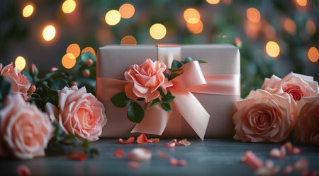 A pink present box adorned with delicate pink roses.の素材