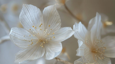 A detailed view of two pristine white flowers set against a soft, blurred background.の素材