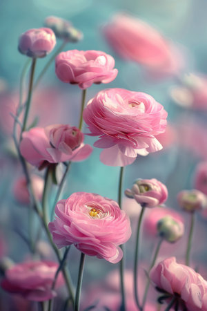 Several pink flowers tightly packed in a vase, showing a vibrant and colorful display.の素材