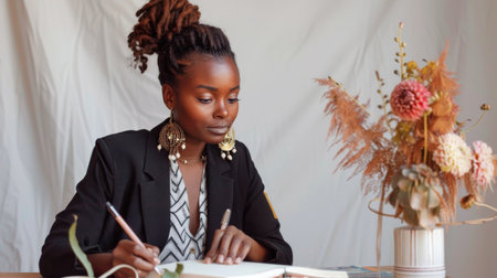A focused woman sitting at a table, pen in hand, writing diligently in a notebook.の素材