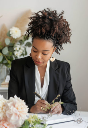 A woman is seated at a table, focusing intently as she writes on a piece of paper.の素材