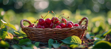A basket sits in a lush garden, overflowing with fresh cherries picked from the trees on a sunny day.の素材