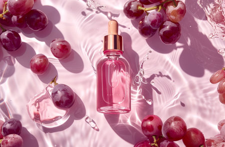 An unopened bottle of liquid is positioned adjacent to a cluster of ripe grapes, arranged in a compelling juxtaposition. The bottles label is facing outward while the grapes appear freshly harvested, creating a visual interplay between the two elements.の素材