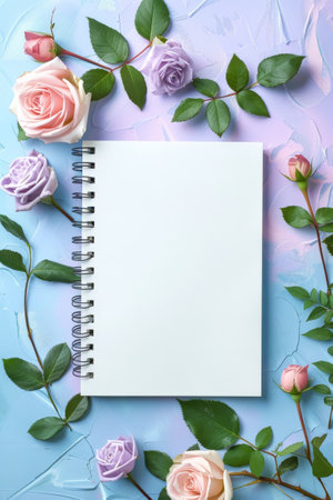 A spiral notebook sits open on a surface, encircled by vibrant pink and purple roses. The notebooks pages are blank, waiting to be filled with thoughts and ideas against the backdrop of the colorful flowers.の素材