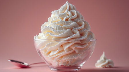 A pink bowl filled with fluffy whipped cream and colorful sprinkles.の素材