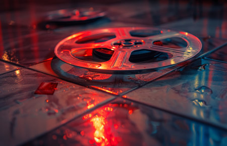 An up-close view of a film reel lying on the ground, showing intricate details of its design and texture. The reel appears weathered and worn, hinting at its past use in cinema.の素材