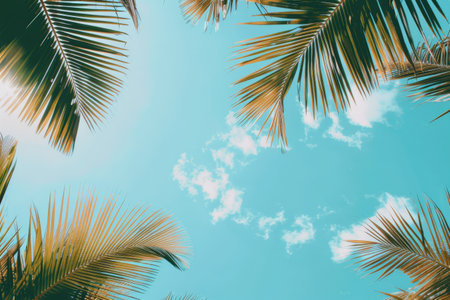 A view of palm trees against a clear blue sky.の素材