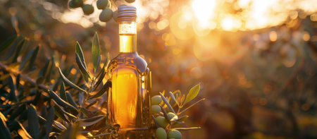 A bottle of olive oil placed on top of a healthy olive tree in a bright outdoor setting.の素材