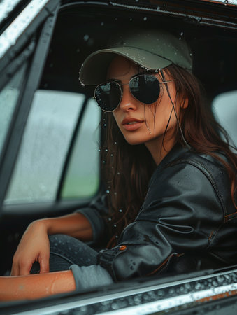 A woman with a hat and sunglasses sits in a car, looking out the window.の素材