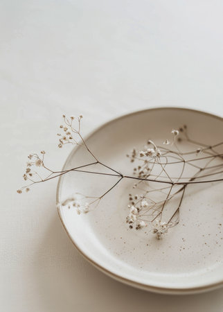 A white plate with a single twig placed on it.の素材