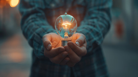 A man is holding a light bulb in his hands, examining it closely.の素材
