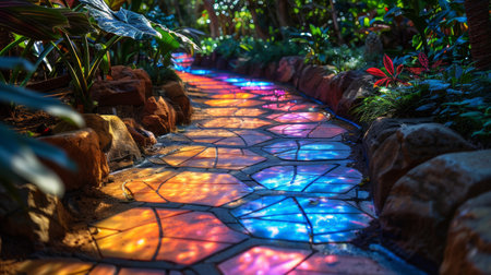 A pathway is brightly lit up with colorful lights in the darkness, creating a striking visual display.の素材