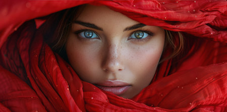 A close-up view of a womans face partially obscured by a vibrant red cloth, highlighting her features and expression.の素材