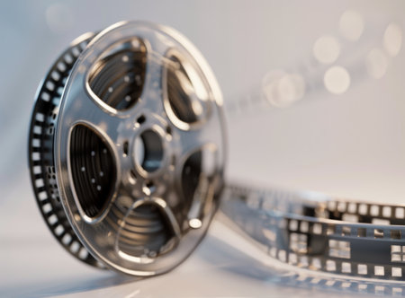 A detailed close-up shot of a film reel placed against a plain white background. The reel is made of metal and features visible sprocket holes, indicating it is used for projecting films. The shiny surface reflects light, giving a sense of depth to the image.の素材