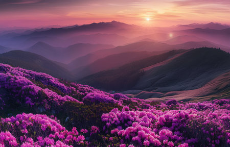 A field of purple flowers stretches out in the foreground, with majestic mountains towering in the background. The vibrant purple flowers contrast against the rugged mountains in the distance.の素材