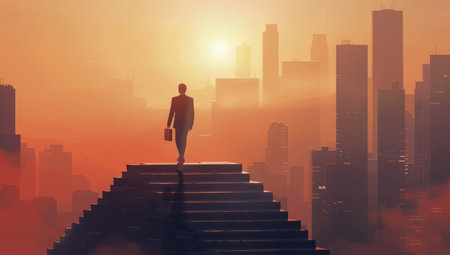 A man standing confidently on the top of a stair facing a cityscape in the background.の素材