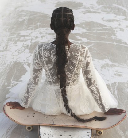 A woman is seated on a skateboard in a snowy setting. She appears to be stationary, with her hands on either side of the skateboard.の素材