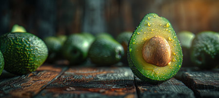 Two avocado halves neatly arranged on a wooden table, showing their creamy green flesh and seeds.の素材