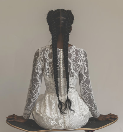 A woman is seated on a skateboard in a snowy setting. She appears to be stationary, with her hands on either side of the skateboard.の素材