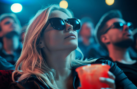 A woman with sunglasses sits beside a man. They appear to be conversing or relaxing outdoors. The woman is stylishly dressed, and both individuals look comfortable.の素材