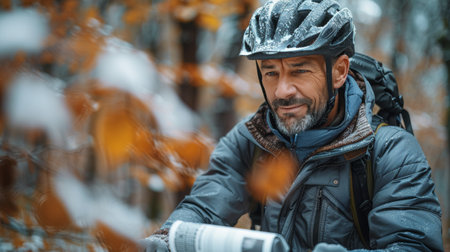 A man wearing a bright yellow jacket is focused on his cell phone screen, reading or texting while standing outdoors.の素材