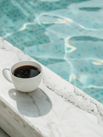 A cup of coffee is placed on a ledge next to a swimming pool.の素材
