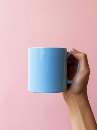 A hand grips a blue coffee mug against a bright pink backdrop.の素材