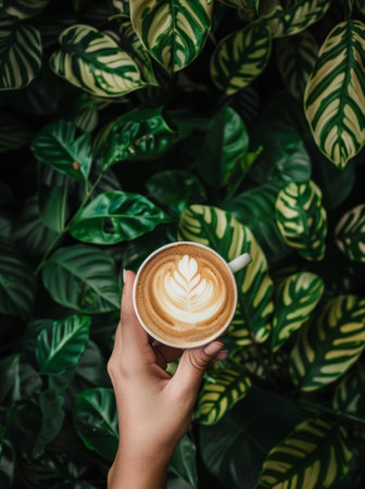 A person is standing, holding a cup of coffee in front of a lush green plant. The individuals hand grips the cup firmly as they gaze at the foliage before them.の素材