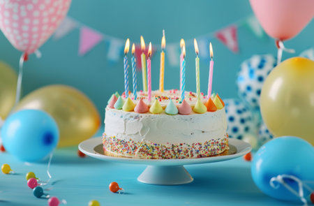 A birthday cake is placed on top of a wooden table. The cake is decorated with colorful frosting and lit candles, ready to be celebrated.の素材