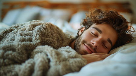 A man is laying on a bed with his eyes closed, peacefully asleep. He is completely still, with his hands resting on his chest. The room is dimly lit, with shadows dancing across the walls.の素材