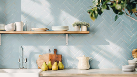 A kitchen counter cluttered with assorted plates and bowls.の素材