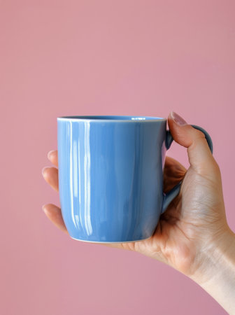 A hand grips a blue coffee mug against a bright pink backdrop.の素材