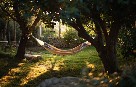 A hammock is suspended between two branches of a tree, providing a relaxing spot to lounge or nap. The hammock hangs in the cool shade cast by the leafy branches above.の素材