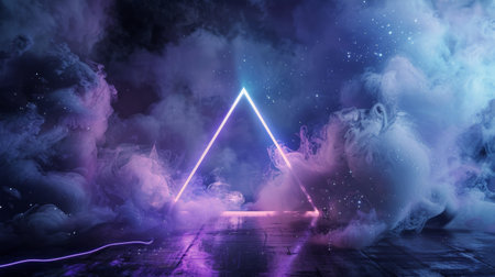 A geometric triangle shape stands prominently against a vivid purple sky, creating a striking contrast in the atmospheric landscape.の素材
