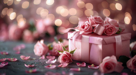 A pink gift box sits on a table surrounded by pink roses.の素材