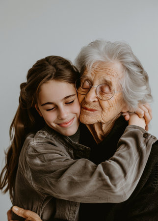An older woman embraces a younger woman in a warm hug, showcasing a bond of love and support between generations.の素材