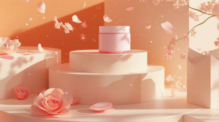 A red and white gift box stands among pink and white flowers in a bright setting.の素材