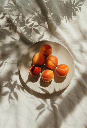 Ripe peaches arranged on a plate resting on a wooden table.の素材