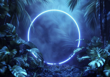 A blue neon circle glows amidst a backdrop of palm trees.の素材