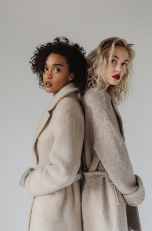 Two women in coats standing side by side. They are wearing warm winter jackets and appear to be in a casual setting. One woman has long hair, while the other has a short hair. The background shows a street or outdoor location.の素材