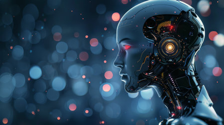 A robot wearing headphones stands against a blue background.の素材