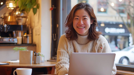 A woman is seated at a table working on a laptop.の素材